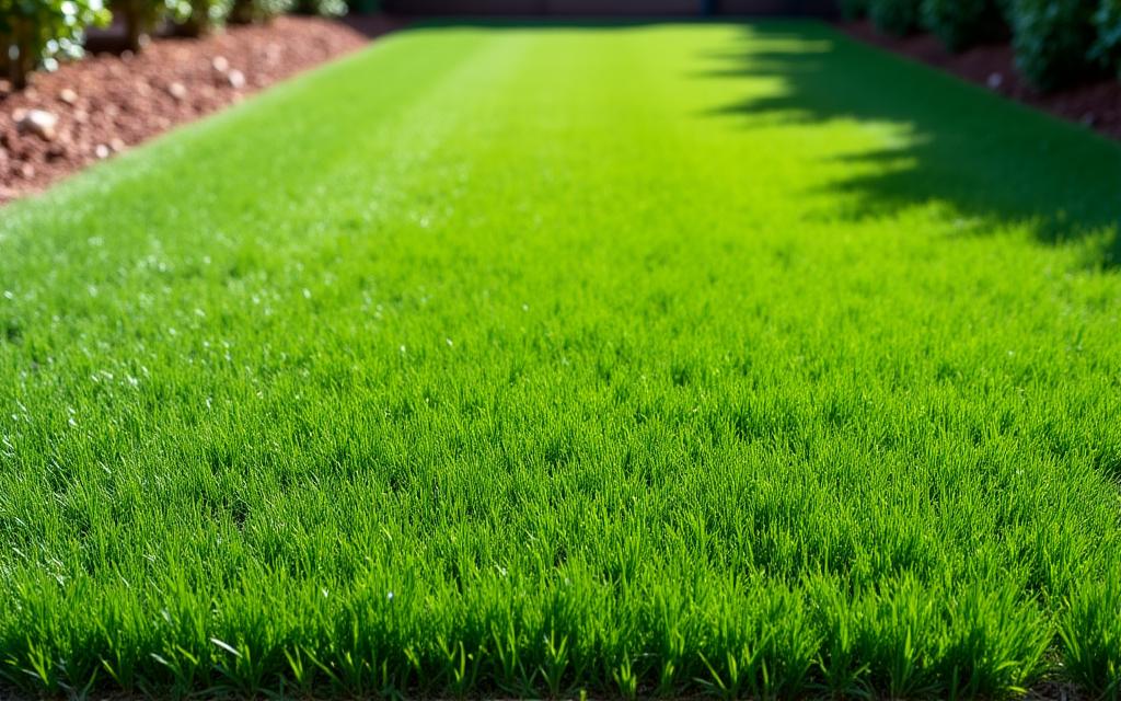 After: Deep green, perfectly edged, healthy lawn in New Farm after restoration.