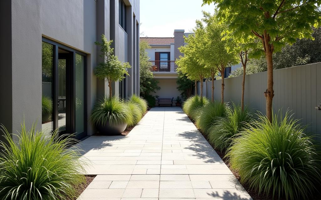 After: Clean, modern Paddington courtyard with neat paving and lush native ferns and grasses.