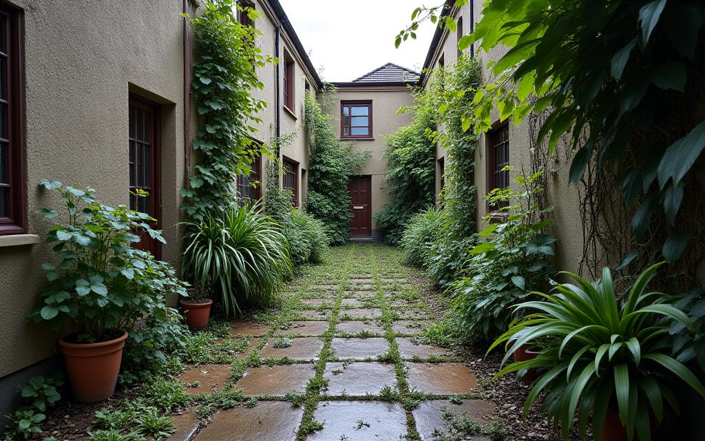 Before: Overgrown and cluttered Paddington courtyard with weeds.