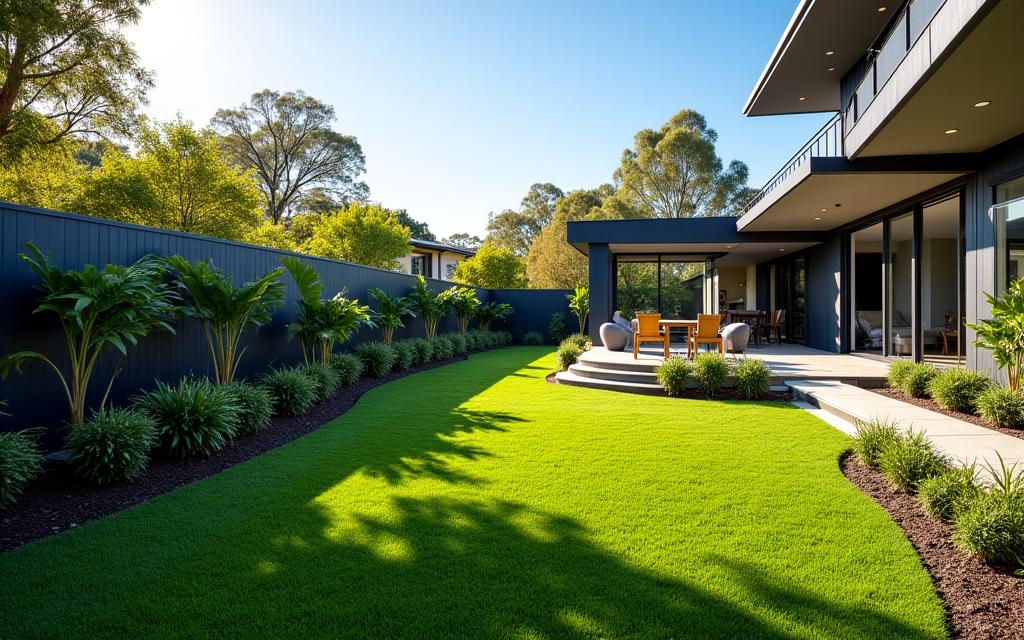 A beautifully landscaped modern Brisbane backyard with lush lawn and native Australian plants.