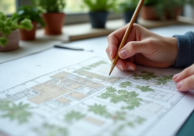 A landscape designer's hand sketching a new garden plan.