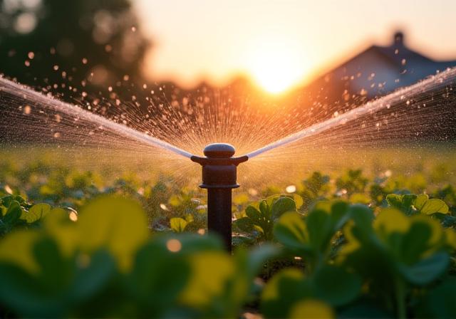 A smart sprinkler system watering a garden bed at dawn.