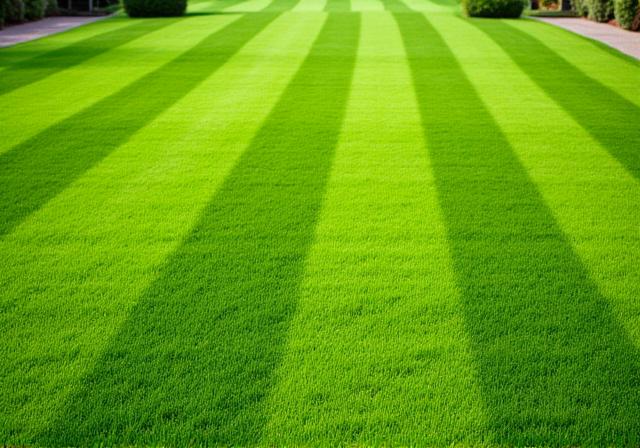 Perfectly straight mowing lines on a lush green lawn.