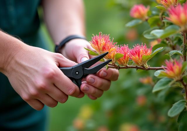 Horticulturist carefully pruning a flowering native Australian shrub.